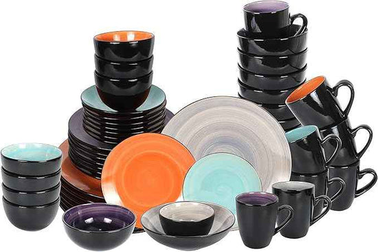Stoneware Sonoma 56pc Dinnerware Set, Black + Speckled Spin Wash Mixed Colors of Purple, Turquoise, Orange and Grey
