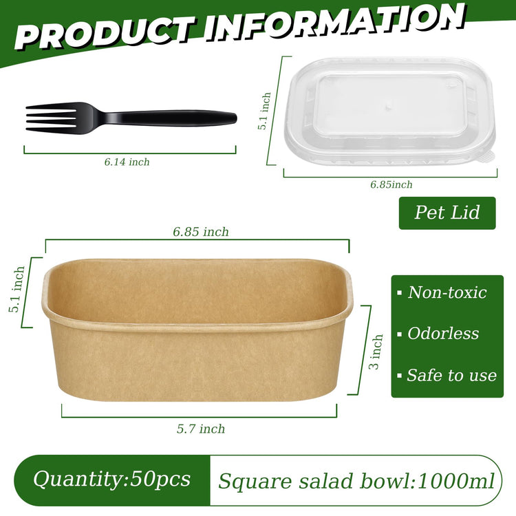 50 Pack 35oz Disposable Kraft Paper Bowls【with Lids and Forks】 (50 Count)