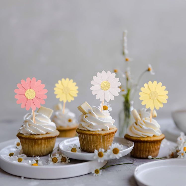 24Pcs Daisy Cupcake Toppers Glitter Flower Daisy Cake Decorations Chrysanthemum Cupcake Toppers Spring Daisy Flower Cake Picks for Birthday Wedding Supplies Multi 2 (24 Count)
