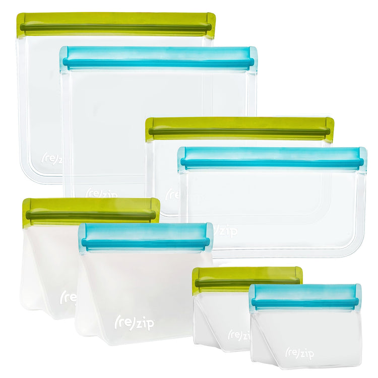 re) zip 8-Piece Deluxe Bundle Reusable Storage Bags | BPA-Free, Food Grade, Leakproof, Freezer and Dishwasher Safe (Green, Aqua)