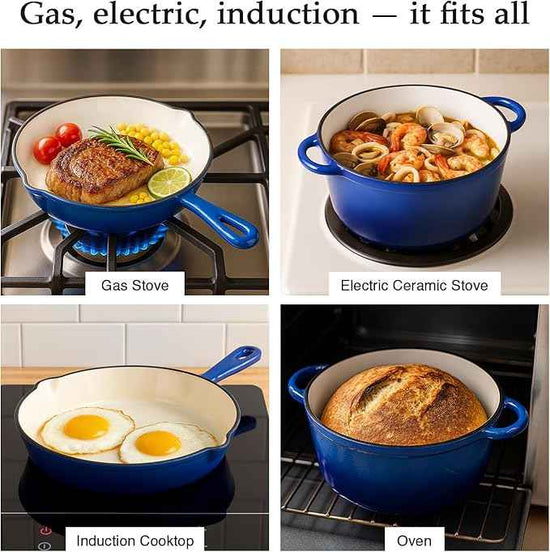QuliMetal Nonstick Enameled Cast Iron Cookware Set, 4-Pcs Pots and Pans with Lid, Healthy Round Dutch Oven Pot for Sourdough Bread Baking, Oven Safe up to 500° F or on All Stovetop