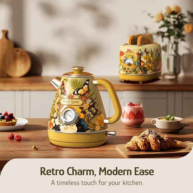 Hazel Quinn X Eduardo Recife Retro Breakfast Set, 2-Slice Toaster & Electric Kettle Bundle, 6 Browning Levels, Extra Wide Slots, 1200W Fast Boiling, 1.7L Stainless Steel - Floral Artistic Design