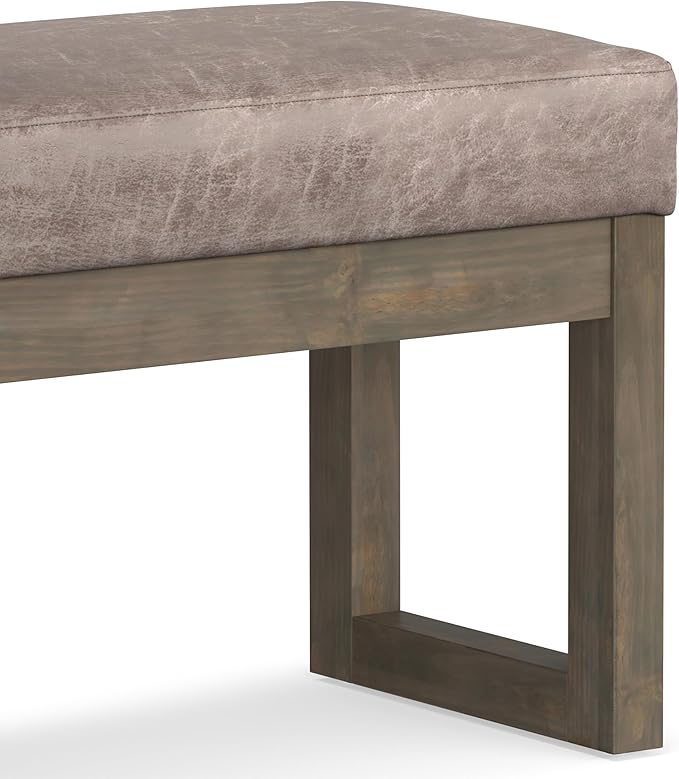 SIMPLIHOME Milltown Small Ottoman Bench - 27 inch Wide Upholstered Vegan Leather Rectangle Footstool Ottoman in Distressed Grey Taupe, Contemporary Bench for Bedroom with Cushioned Seat, Assembled