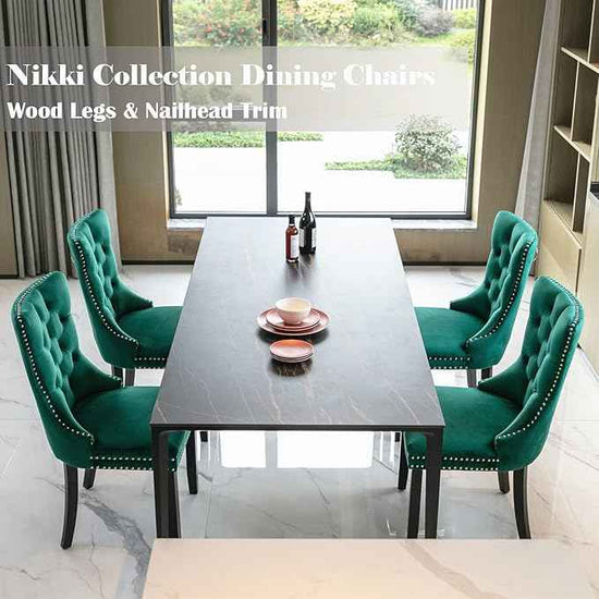 Green Velvet Dining Chairs Set of 4, Upholstered Dining Room Chairs with Back Ring Pull Trim and Solid Wood Legs, Tufted Wingback Kitchen Chairs for Dining Room,Living Room,Kitchen(Green)