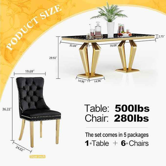 7 Piece Luxury Dining Room Set, Modern Dining Table and Upholstered Chairs Set, Marble Kitchen Table Set for 6, Big Kitchen Dinner Tables Kit with Silver Base