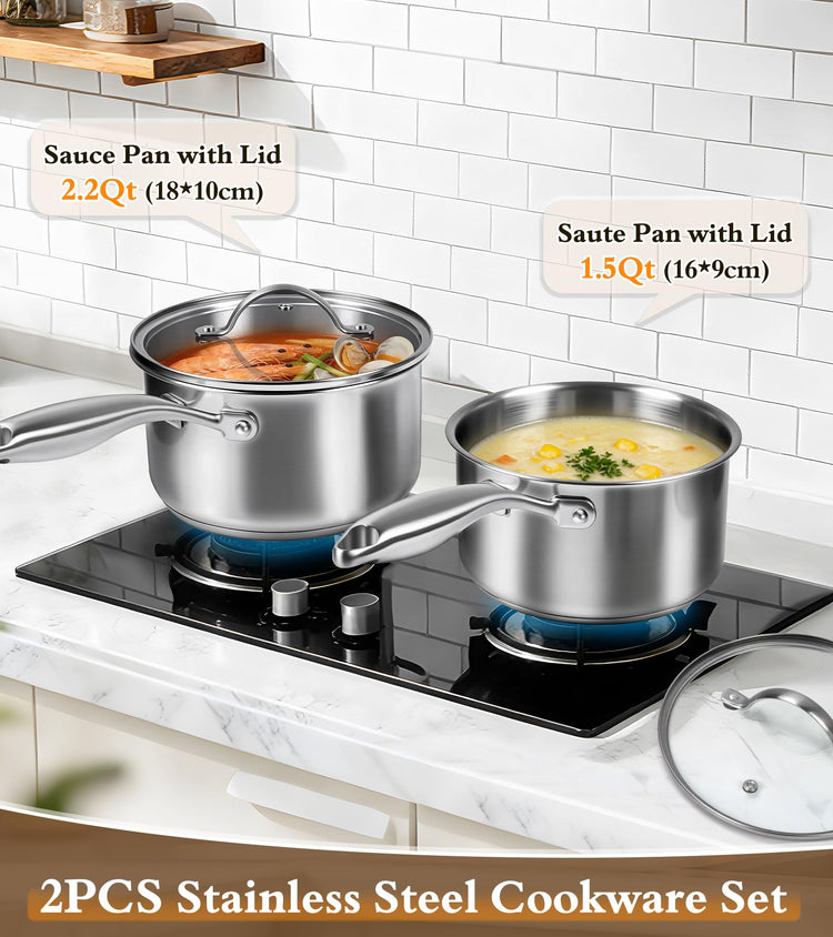 Stainless Steel Saucepan Set with Lids 1.5QT & 2.2QT (2 Count)