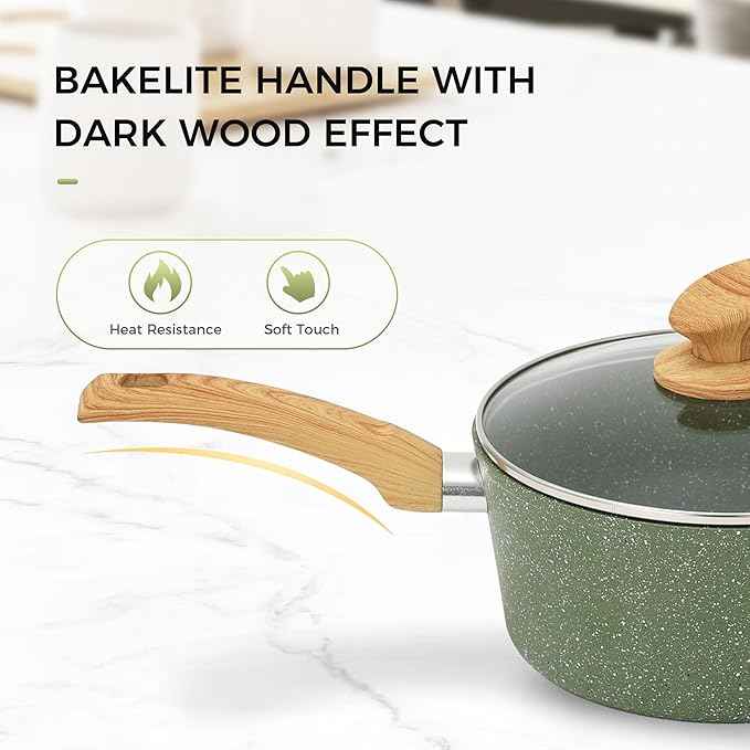 MAISON ARTS 17 Piece Pots and Pans Set Non Stick, Kitchen Cookware Sets with Nonstick Granite Stone Coating, Suitable for Induction Cooktops, Green