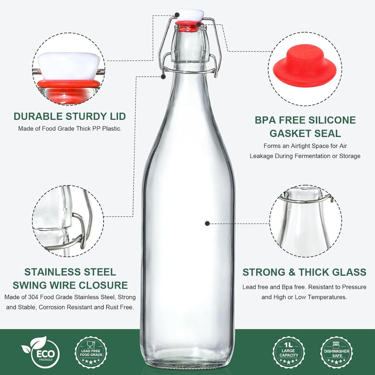 8 Pack [1 L / 33 fl. oz.] Swing Top Glass Bottles w/Airtight Stopper Lids – Flip Top Brewing Bottle for Fermentation, Kombucha, Mead, Vinegar, Beer, Kefir, Wine, Soda – With 8 Extra Seals & 2 Pourers