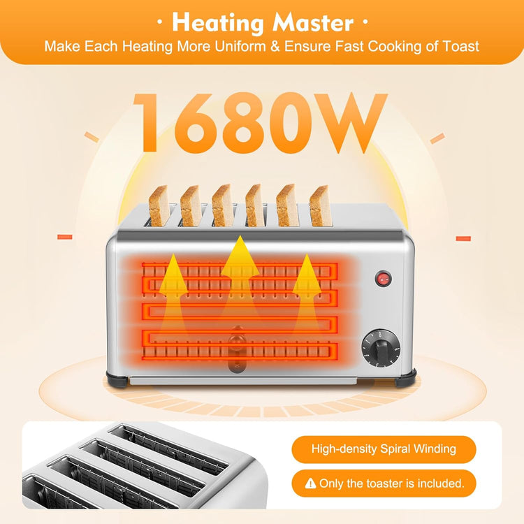 6 Slice Toaster with Wide Slots Commercial Toasters for Restaurant Bread Baking Machine 1680W Stainless Steel Toaster Countertop for Toast, Sandwiches, Meatloaf