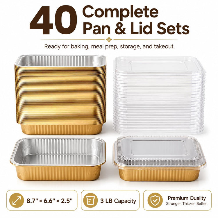 40 Pack 3 LB Aluminum Pans with Lids Heavy Duty (40 Count)