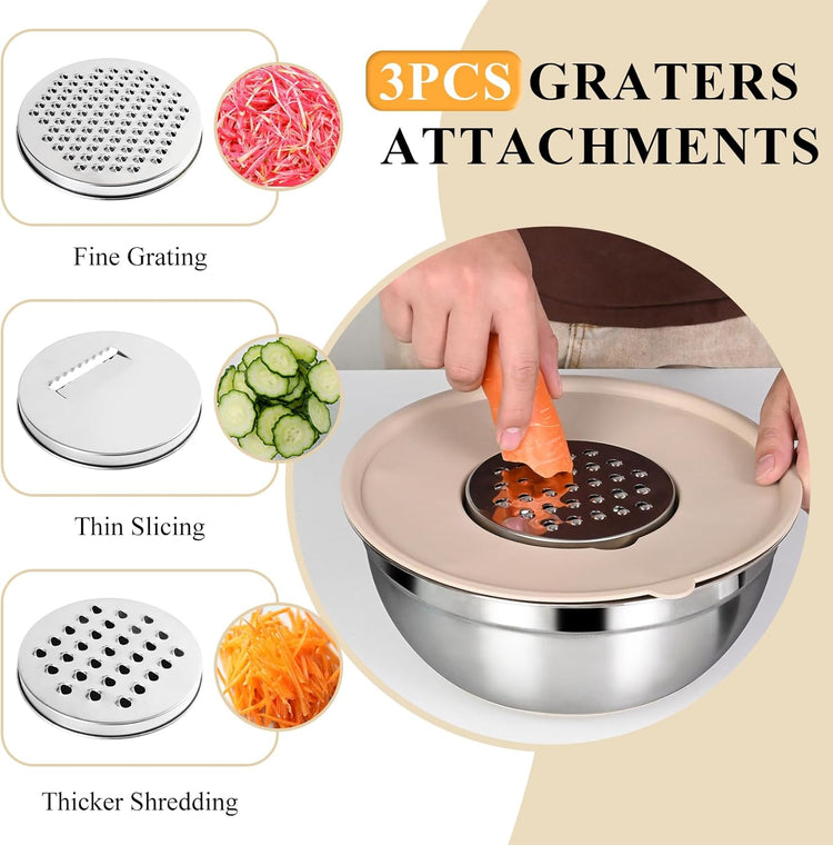 Mixing Bowls with Airtight Lids Set, 20 PCS Kitchen Gadgets Set, 6 Stainless Steel Bowls,3 Grater Attachments,Non-Slip Silicone Bottoms,Great for Serving&Baking,Size 5, 4, 3.5, 2.1, 1.5, 1.1QT (Khaki)