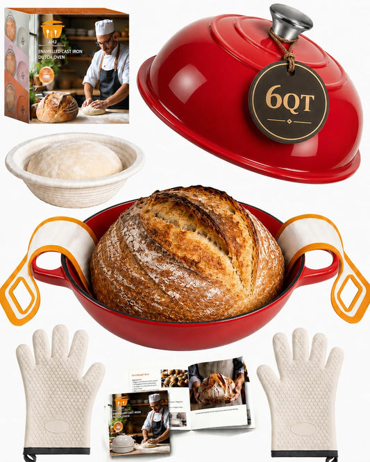 6QT Enameled Cast Iron Dutch Oven for Sourdough Bread Baking