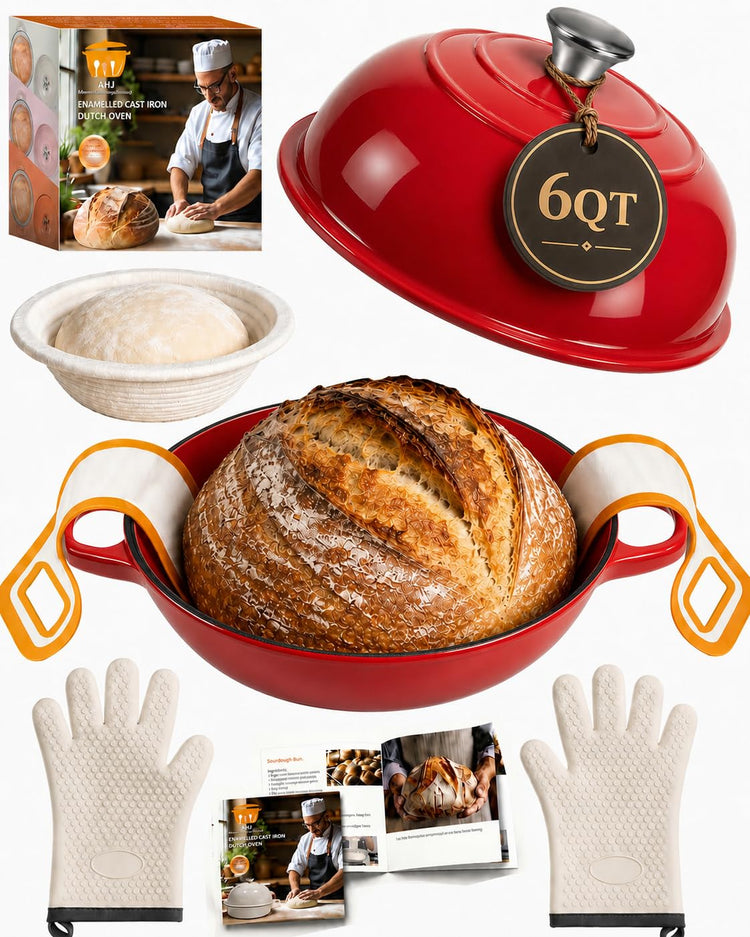 6QT Enameled Cast Iron Dutch Oven for Sourdough Bread Baking