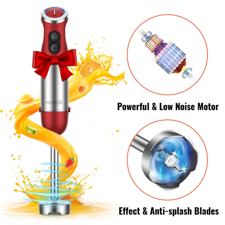 5-in-1 Hand Immersion Blender, 1000W 12 Speed Handheld Blender Stick with Copper Motor Stainless Steel Blade, 600ml Mixing Beaker,500ml Food Processor, Whisk, Milk Frother, Non-BPA, Red
