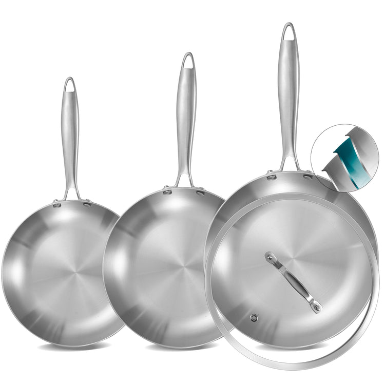 8”/9.5”/11” Stainless Steel Pans Set with Lid, Riveted Handle