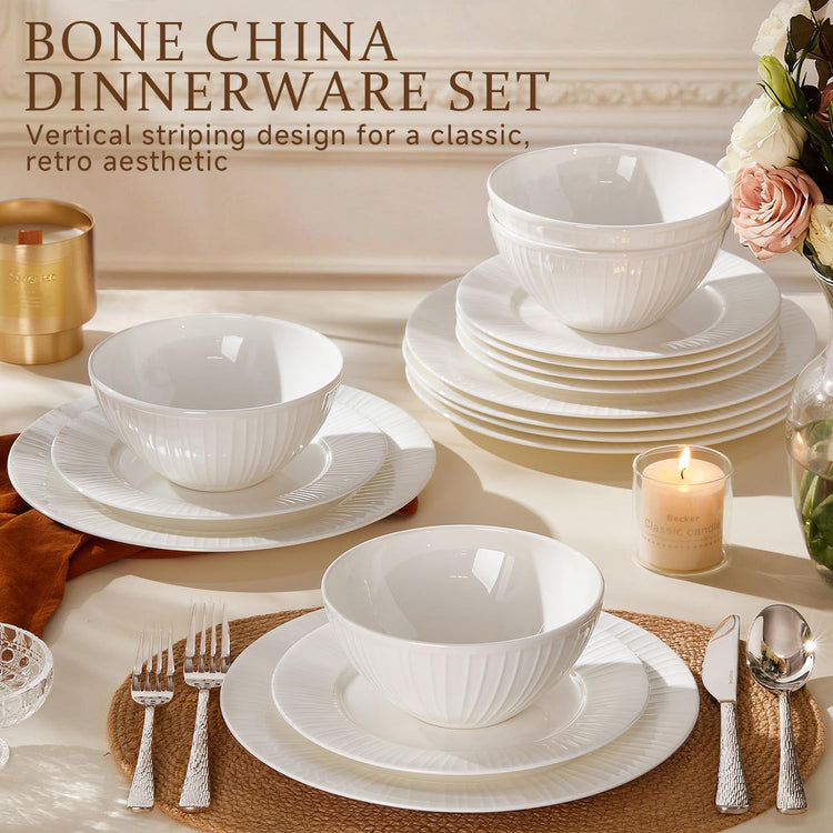 18Pc Textured White Bone China Set Service for 6