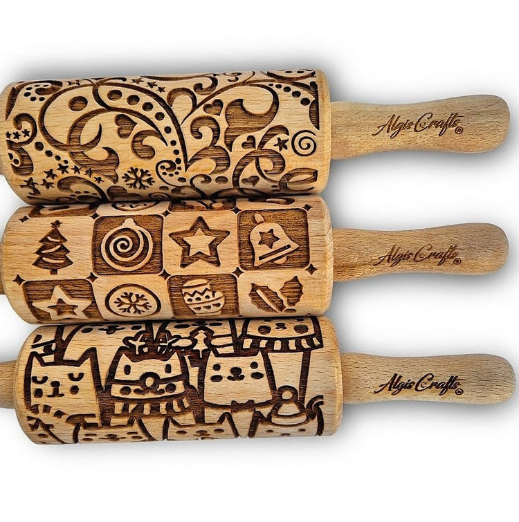 CHRISTMAS FEST 3 Mini Embossed Rolling Pin Set. Wooden Laser Engraved Textured rolling pins for Cookies