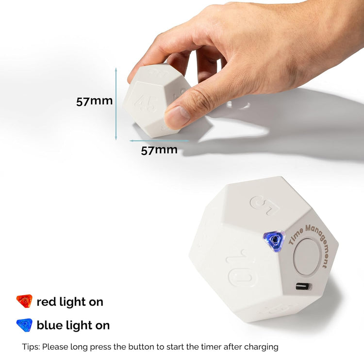 KADAMS Pomodoro Cube Timer Productivity-11 Preset Countdowns, Flip-to-Start Gravity Activation - Sound Vibrate Mute Rechargeable - Ideal for ADHD Kid Kitchen Classroom Cook Study Exercise - White