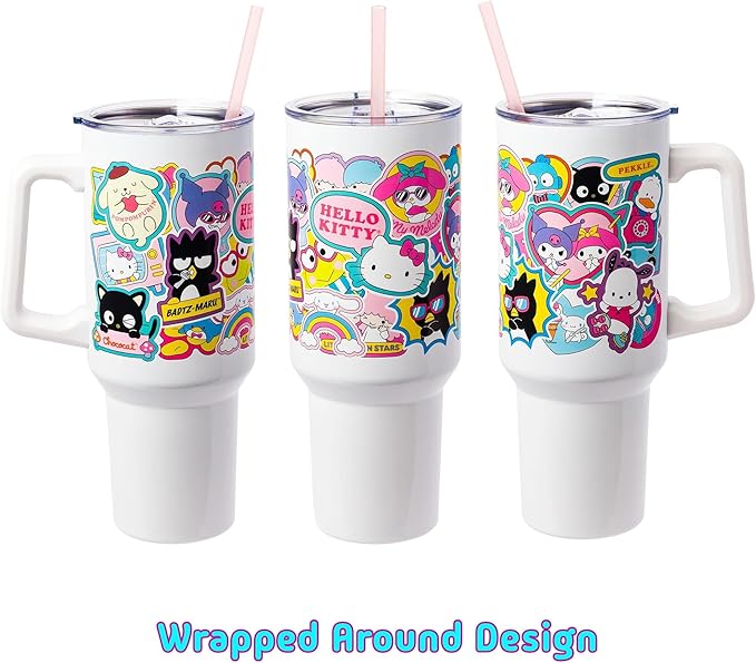 Silver Buffalo Sanrio Hello Kitty & Friends Cinnamoroll, Kuromi, Chococat, Badtz-Maru, Keroppi, Sticker Double Walled Stainless Steel Tumbler w Handle and Straw, Fits in Standard Cup Holder, 40 Ounces