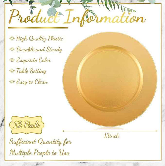 Tanlade 12 Pcs 13 Inch Charger Plates Bulk Round Wedding Chargers Plastic Dinner Plates for Table Setting Wedding Party Decoration (Gold)
