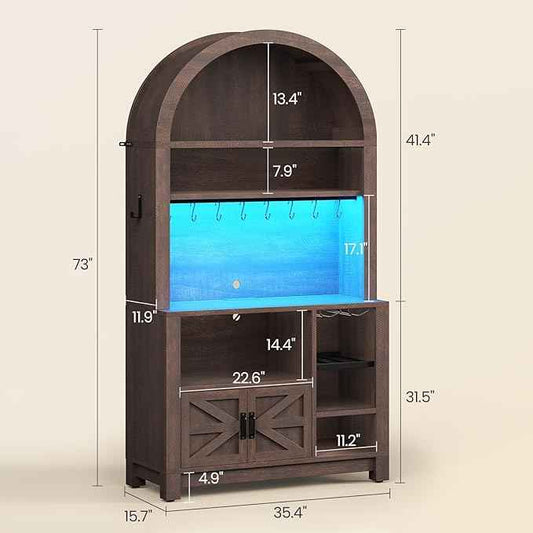 Itaar 73" Tall Arched Bakers Rack with Power Outlet and LED Light, Farmhouse Coffee Bar Cabinet, Kitchen Microwave Stand with Storage for Kitchen, Dining Room, Living Room, Brown