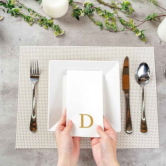 Luxenap 15.8 X 7.9 Inch Linen-Feel Guest Towels, 2000 Lettered Hand Towels - Gold Letter 'D', Sans Serif Font, White Paper Dinner Napkins, airlaid, For Restrooms And Tables - Restaurantware
