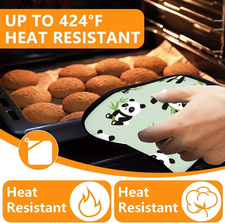 Cute Panda Oven Mitts and Pot Holders Sets 4Pcs,Extra Long Oven Gloves Potholder for Kitchen Cooking Baking BBQ 100% Cotton Heat Resistant