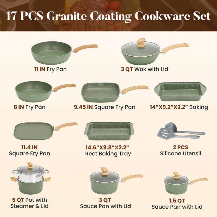17Pcs Green Induction Cookware Set
