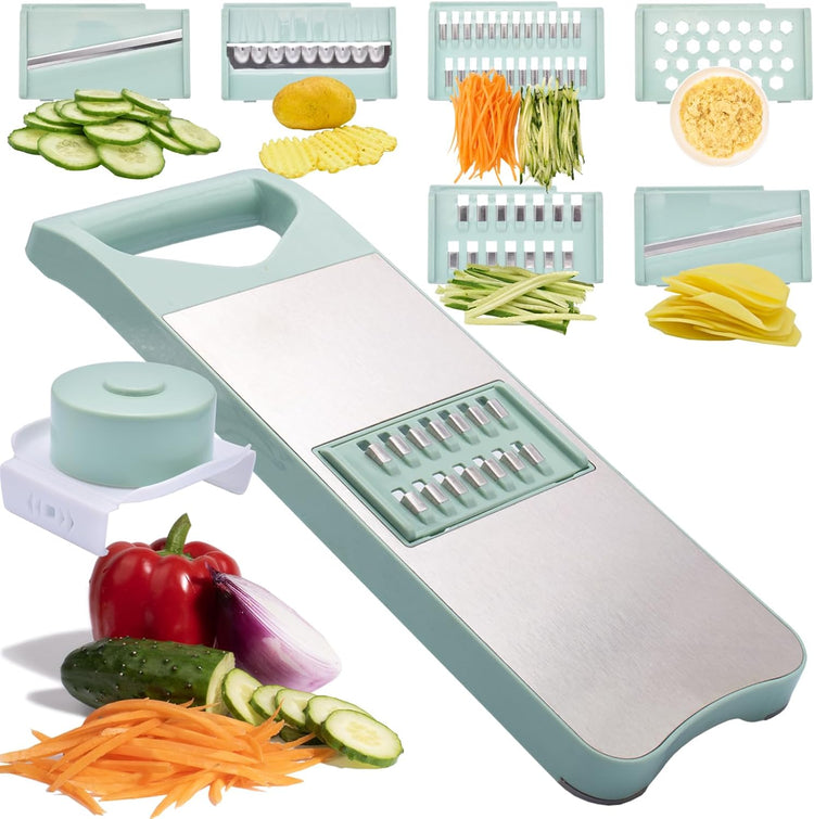 6-Blade Mandoline Slicer with Slide-On Hand Guard - Vegetable Slicer, Potato/Onion/Garlic Slicer, Kitchen Grater(Multi-Color) (Seafoam green, 6-in-1)