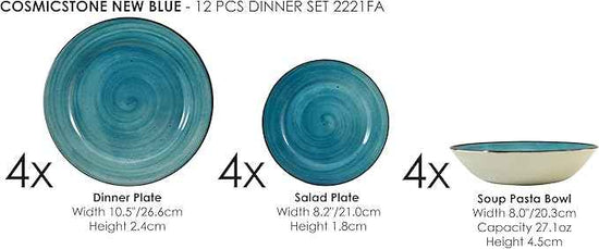 Tudor Royal 12-Piece Porcelain Round Dinnerware Set, Service for 4, COSMICSTONE Design, Plates Bowls Dishes, Premium Quality Tableware, Unique Pattern, Glossy