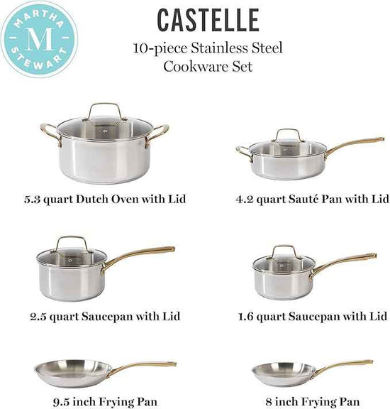 Martha Stewart Castelle 10 Piece 18/8 Durable Stainless Steel Induction Safe Pots and Pans Non-Toxic Kitchen Cookware Set - Gold Handles - Dishwasher Safe