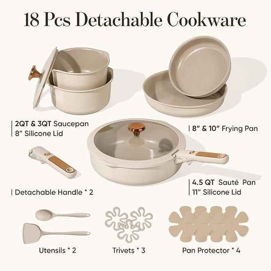 CAROTE 18Pcs Ceramic Cookware Set with Detachable Handle, Pots and Pans Set Non Stick, Non Toxic Cookware Set Removable Handles, Induction Kitchen Cookware Sets, Dishwasher/Oven Safe