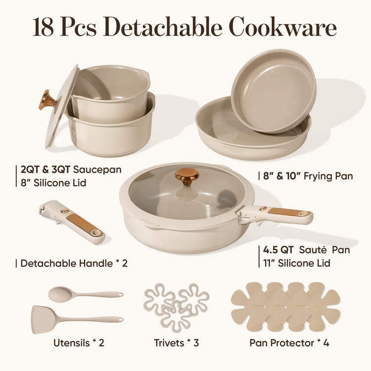 18Pcs Ceramic Cookware Set with Detachable Handle