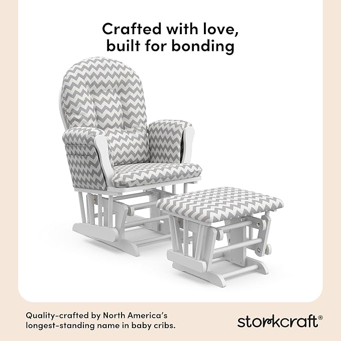 Storkcraft Premium Hoop Glider & Ottoman (White/Gray Chevron) — GREENGUARD Gold Certified Nursery Glider, Solid Wood Craftsmanship, Smooth-Gliding Nursery Chair and Ottoman, Award-Winning