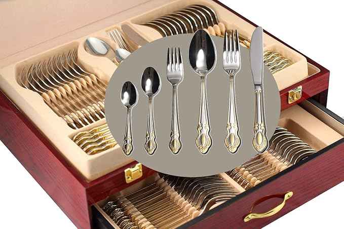 Venezia Collection Gold Flatware Serving Set for 12, 75-Pc Luxury Dining Silverware Cutlery Service, 24 Kt 18/10 Premium Surgical Stainless Steel Hostess Set in a Wooden Storage Case Chest