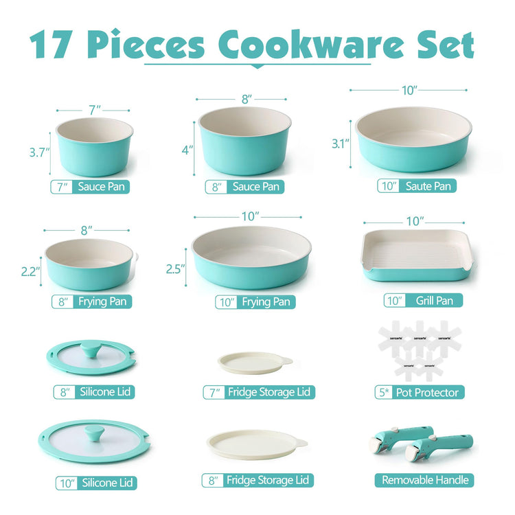 17 Piece Ceramic Detachable Handle Pots and Pans Set Turquoise