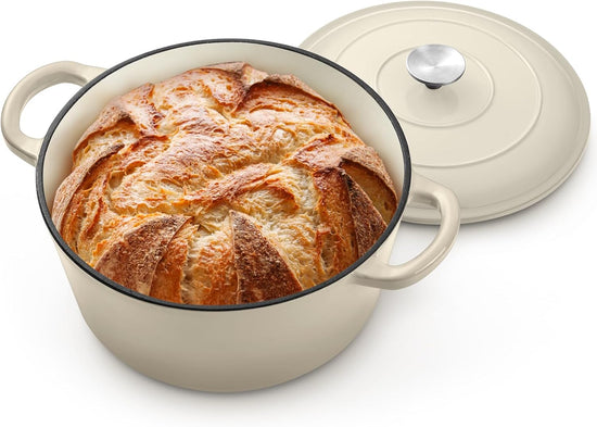 P&P CHEF 5QT Enameled Dutch Oven, Cast Iron Dutch Oven Pot with Lid for Bread Baking, Enameled Casserole Pot for Roasting Braising Stewing Frying Simmering, Various Stoves & Easy Clean, Khaki - Nestoria
