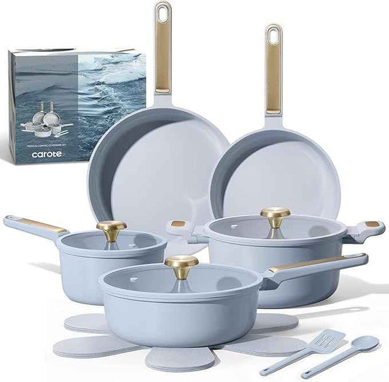 CAROTE Ceramic Cookware Set Nonstick, 14pcs Pots and Pans Set Nonstick, Non-Toxic & PFAS-Free, Dishwasher, RV/Camping Cookware Set, Cooking Pots with Lids, Pastel Blue