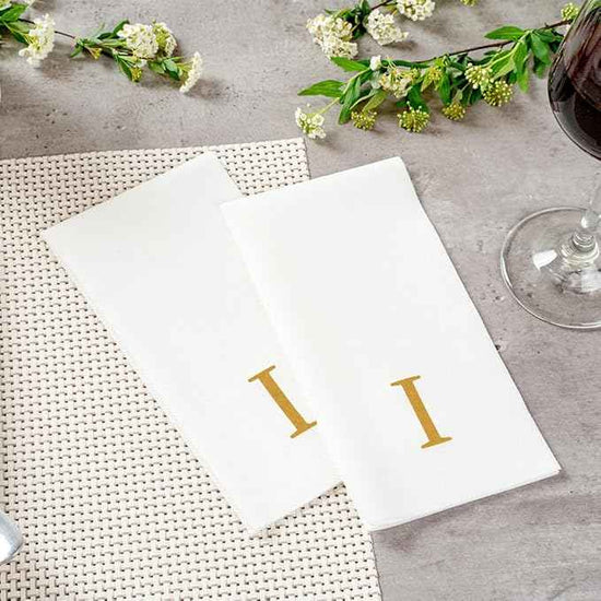 Luxenap 15.8 X 7.9 Inch Linen-Feel Guest Towels, 50 Lettered Hand Towels - Gold Letter 'I', Sans Serif Font, White Paper Dinner Napkins, airlaid, For Restrooms And Tables