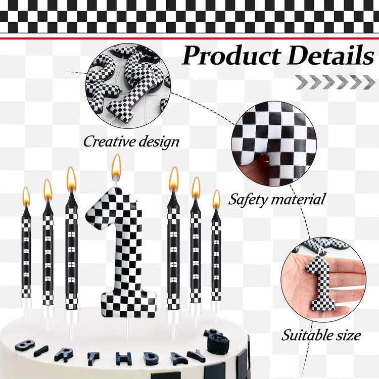 13 Pcs Racing Cars Themed Birthday Candles Black and White Race Number 1 Checkered Candle Cake Topper for Racing Car Party Decoration Supplies (13 Count)