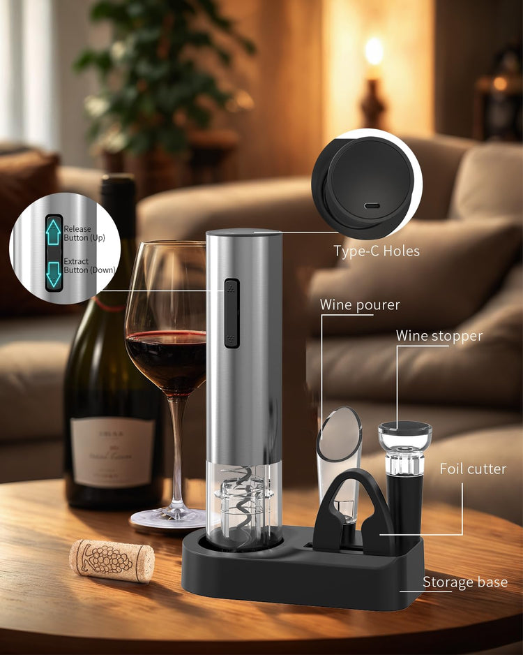 6-in-1 Electric Wine Opener Set Rechargeable Stainless Steel Wine Opener Gift Set with Foil Cutter, Rechargeable & Manual Wine Aerator Pourers, Vacuum Wine Stopper and Storage Base, Silver (6 Count)
