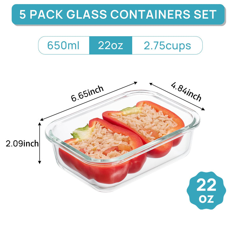 5Pack 22oz Glass Storage Containers with Lids (5 Count)