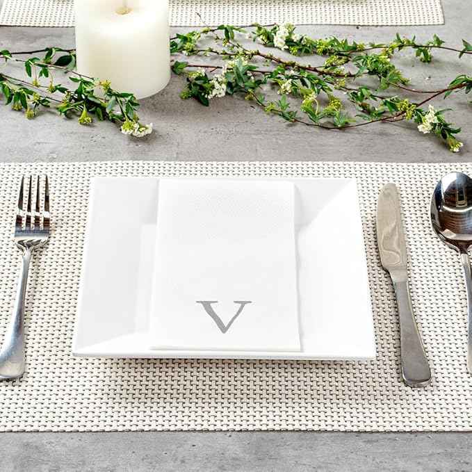 Luxenap 15.8 X 7.9 Inch Linen-Feel Guest Towels, 2000 Lettered Hand Towels - Silver Letter 'V', Sans Serif Font, White Paper Dinner Napkins, airlaid, For Restrooms And Tables - Restaurantware