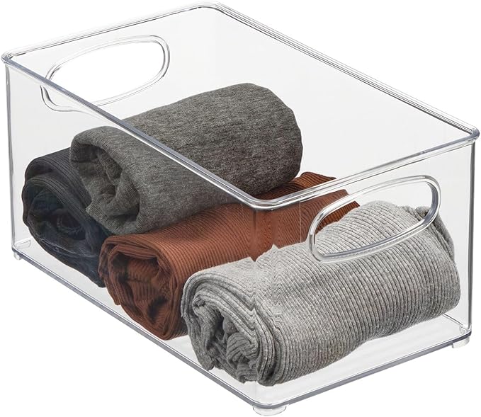 mDesign Plastic Home Closet Organizer - Basket Storage Holder Bin w/ Handles for Bedroom, Bathroom, Cabinet Shelves, Entryway, and Hallway - Holds Sweaters, Purses - Ligne Collection - 4 Pack - Clear