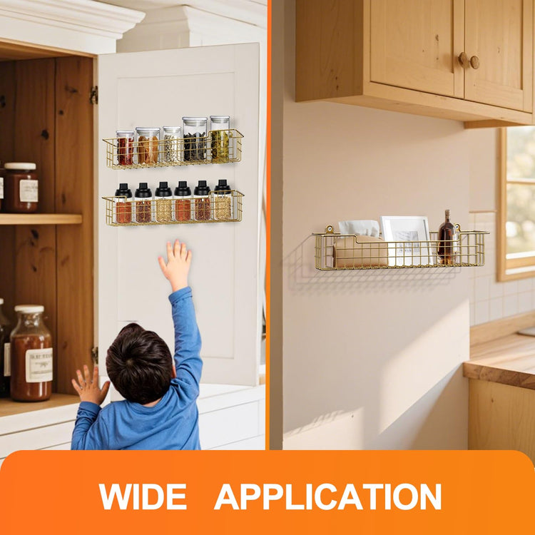 Spice Rack, 4-Pack Seasoning Organizer Wall Mount for Kitchen Storage Organization, Spice Holder Shelf Saving Space for Cabinet, RV, Pantry, Gold (4 Count)