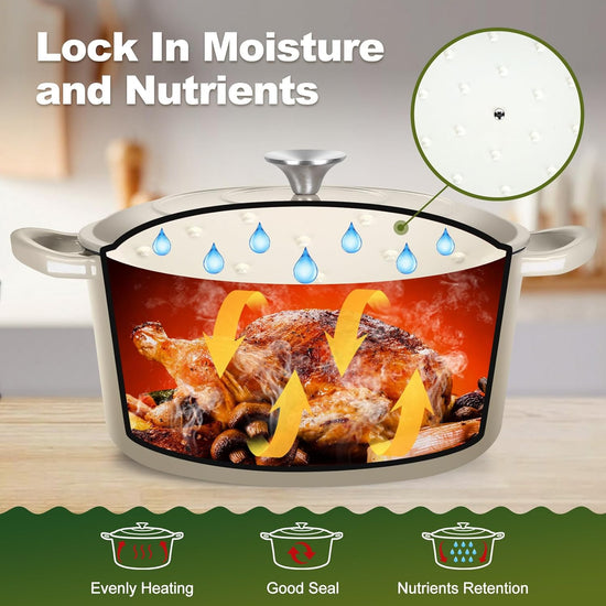P&P CHEF 6QT Enameled Dutch Oven, Cast Iron Dutch Oven Pot with Lid for Bread Baking, Enameled Casserole Pot for Roasting Braising Stewing Frying Simmering, Various Stoves & Easy Clean, Khaki - Nestoria