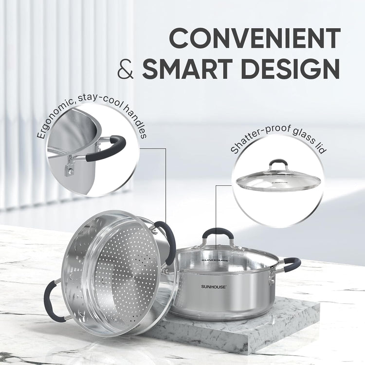 Sunhouse - 4.6 Quarts Steamer Pots With Lid 2-Tier Multipurpose Stainless Steel Steaming Pot Cookware For Vegetable, Dumpling, Sauce, Food - Triple Bottom, Measurement Line