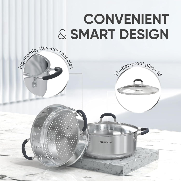 5 QT Stainless Steel Steamer Pot for Cooking with Glass Lid