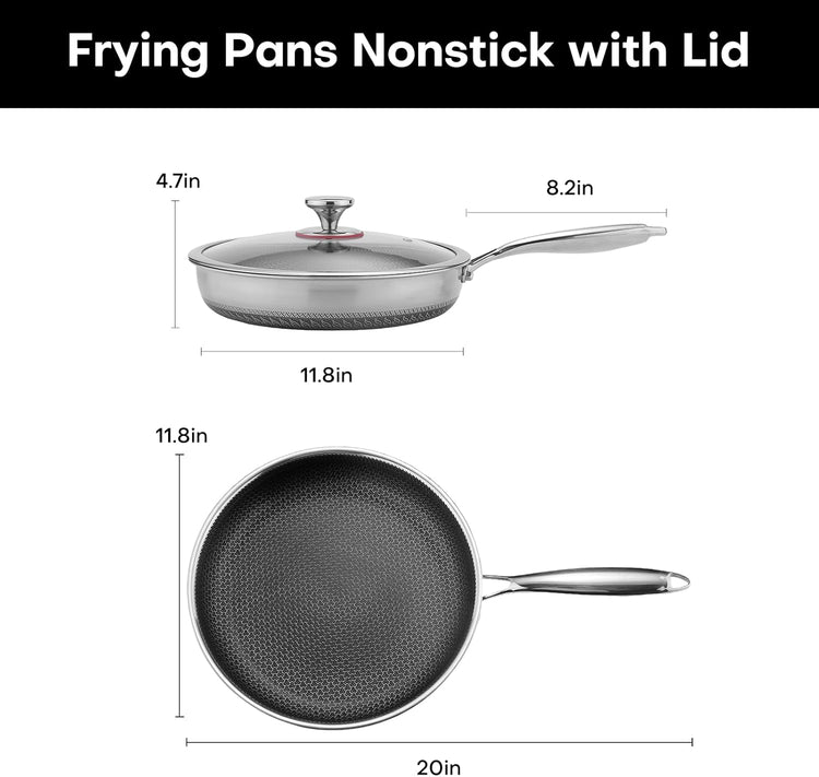 Lazycorner Non Stick Frying Pans Skillet with Lid, 12 Inch Stainless Steel Kitchen Cookware Pots, Non toxic Healthy Induction Compatible PFAS PTFE PFOA PFOS Free