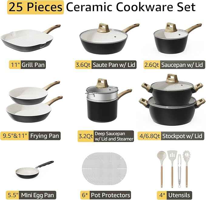 25-Piece Pots and Pans Set Non Stick,Titanium Ceramic Cookware Set Non Toxic,Long-Lasting,PFAS Free,Induction Compatible,Complete Kitchen Set for All Cooking Needs